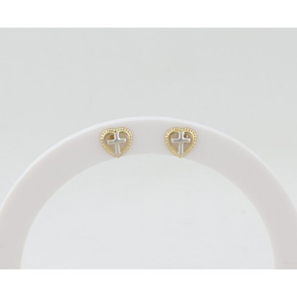 14k Yellow Gold & White Gold Heart Cross Earrings Stud Post 1/4" Round - Picture 3 of 9